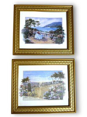 Pair of Vintage Framed Art Prints Coastal Mediterranean Deck and Balcony Scenes